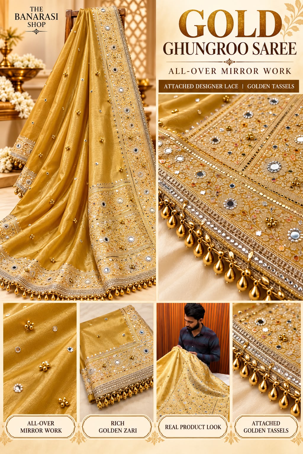 Premium Golden Banarasi Ghungroo Saree with All-Over Mirror Work & Heavy Designer Lace