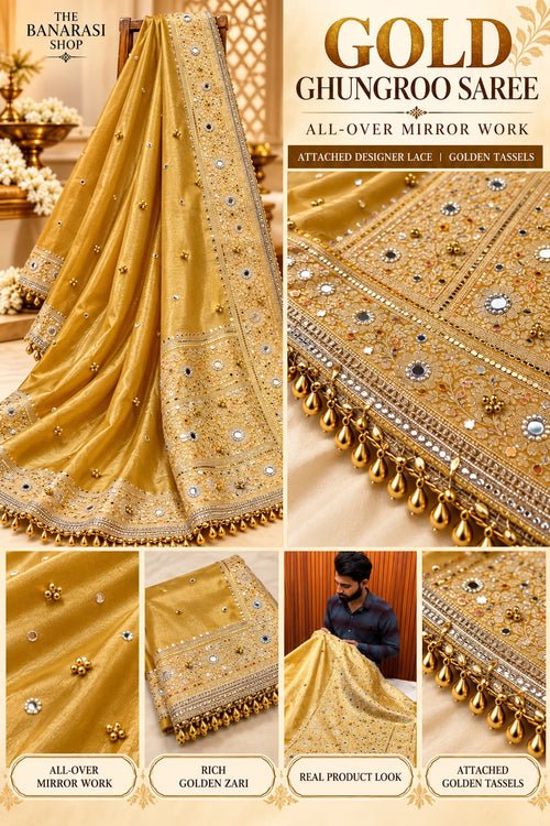 Premium Golden Banarasi Ghungroo Saree with All-Over Mirror Work & Heavy Designer Lace