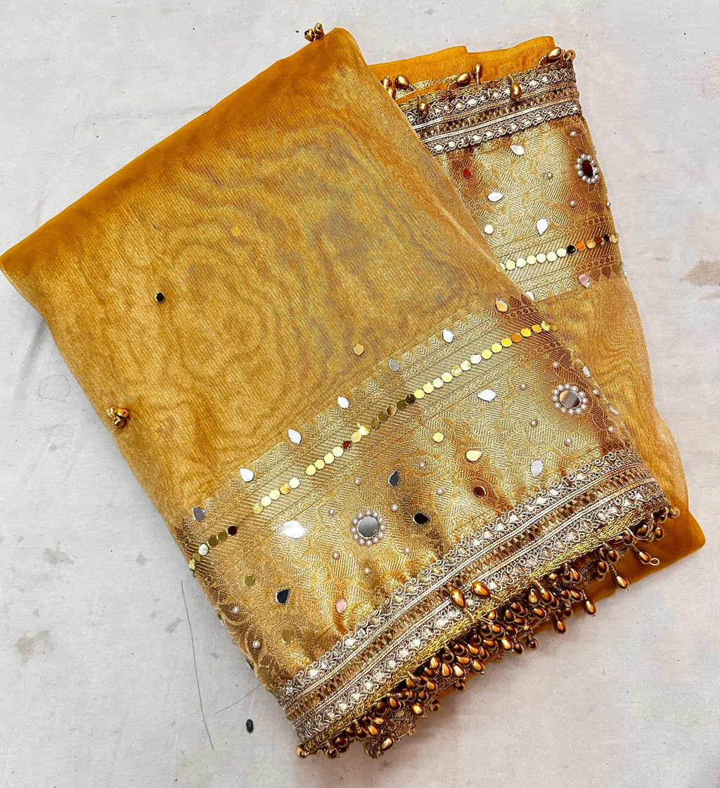 Premium Golden Banarasi Ghungroo Saree with All-Over Mirror Work & Heavy Designer Lace