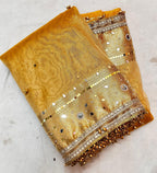 Premium Golden Banarasi Ghungroo Saree with All-Over Mirror Work & Heavy Designer Lace