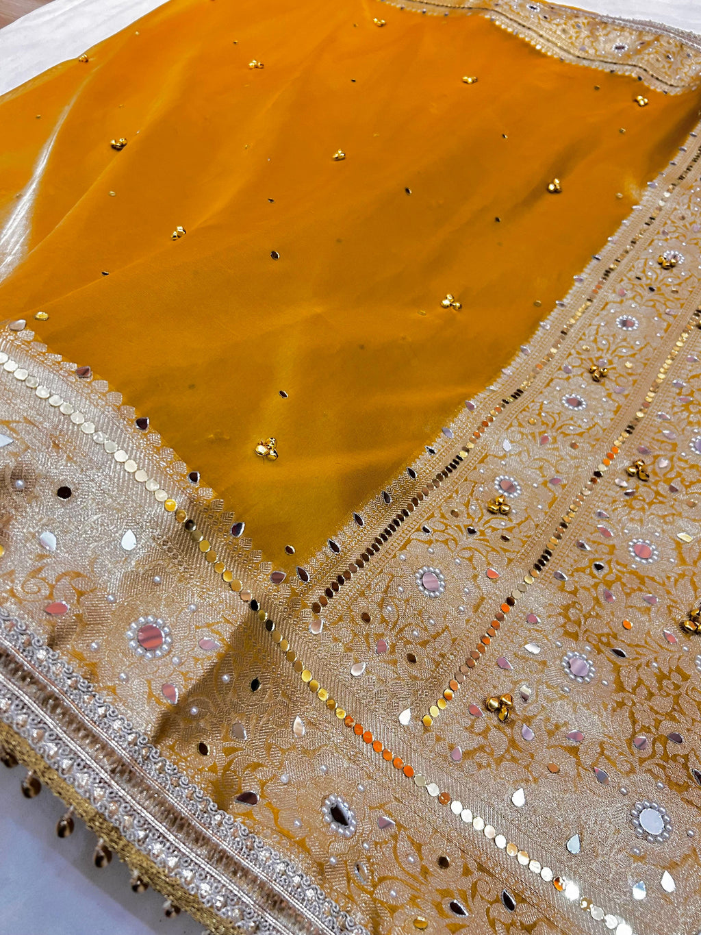 Premium Golden Banarasi Ghungroo Saree with All-Over Mirror Work & Heavy Designer Lace