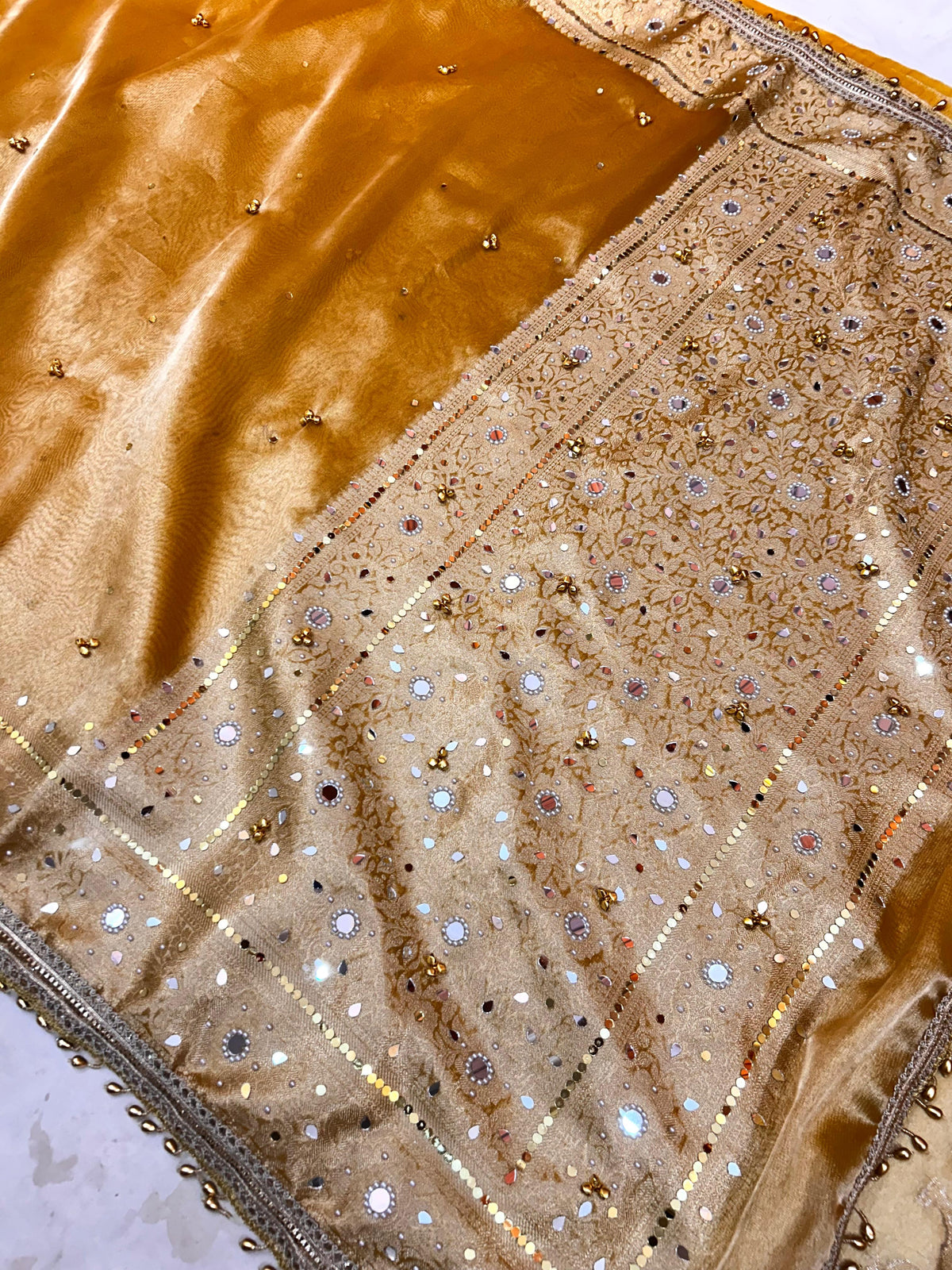 Premium Golden Banarasi Ghungroo Saree with All-Over Mirror Work & Heavy Designer Lace