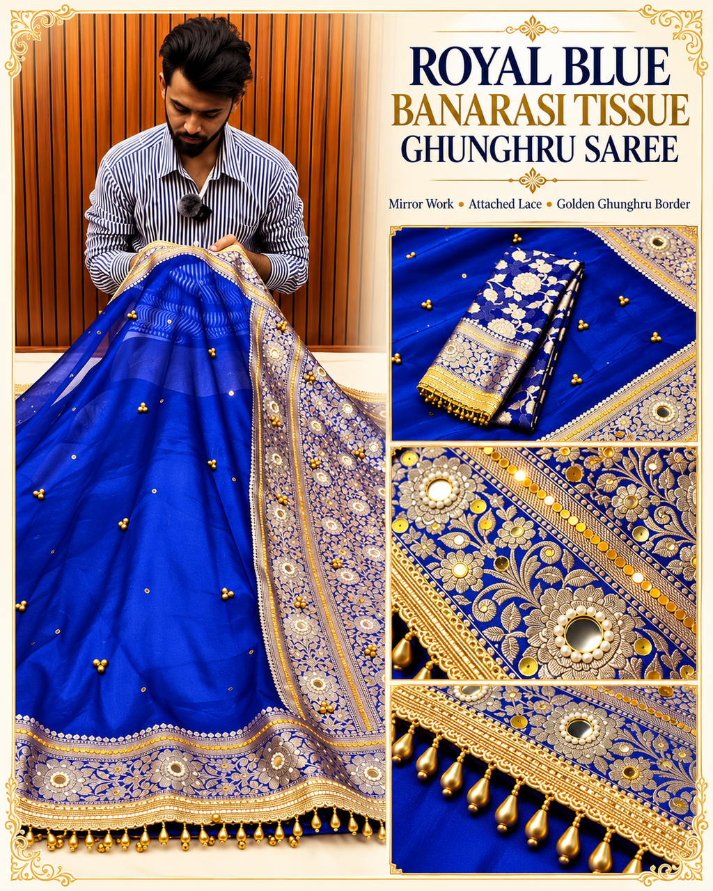 Royal Blue Banarasi Tissue Ghunghru Saree with Mirror & Lace Work