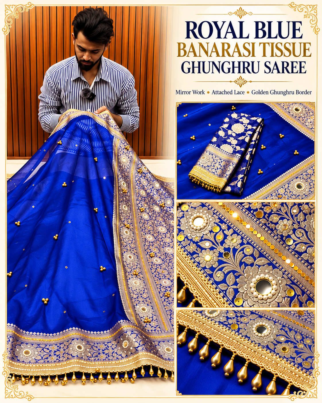 Royal Blue Banarasi Tissue Ghunghru Saree with Mirror & Lace Work
