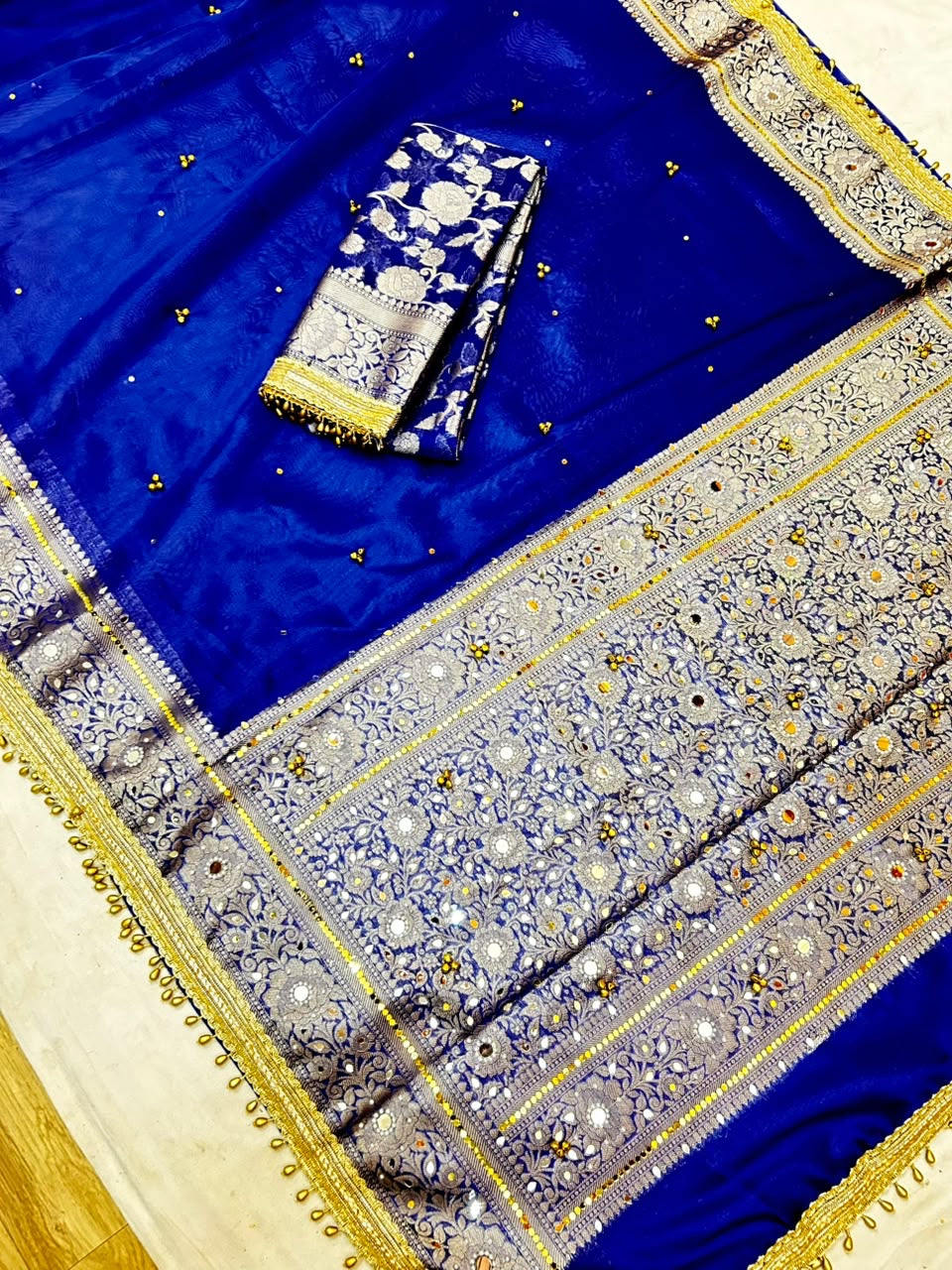 Royal Blue Banarasi Tissue Ghunghru Saree with Mirror & Lace Work