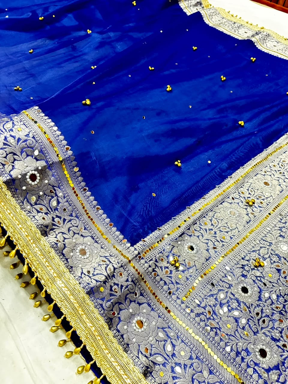 Royal Blue Banarasi Tissue Ghunghru Saree with Mirror & Lace Work