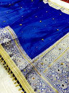 Royal Blue Banarasi Tissue Ghunghru Saree with Mirror & Lace Work