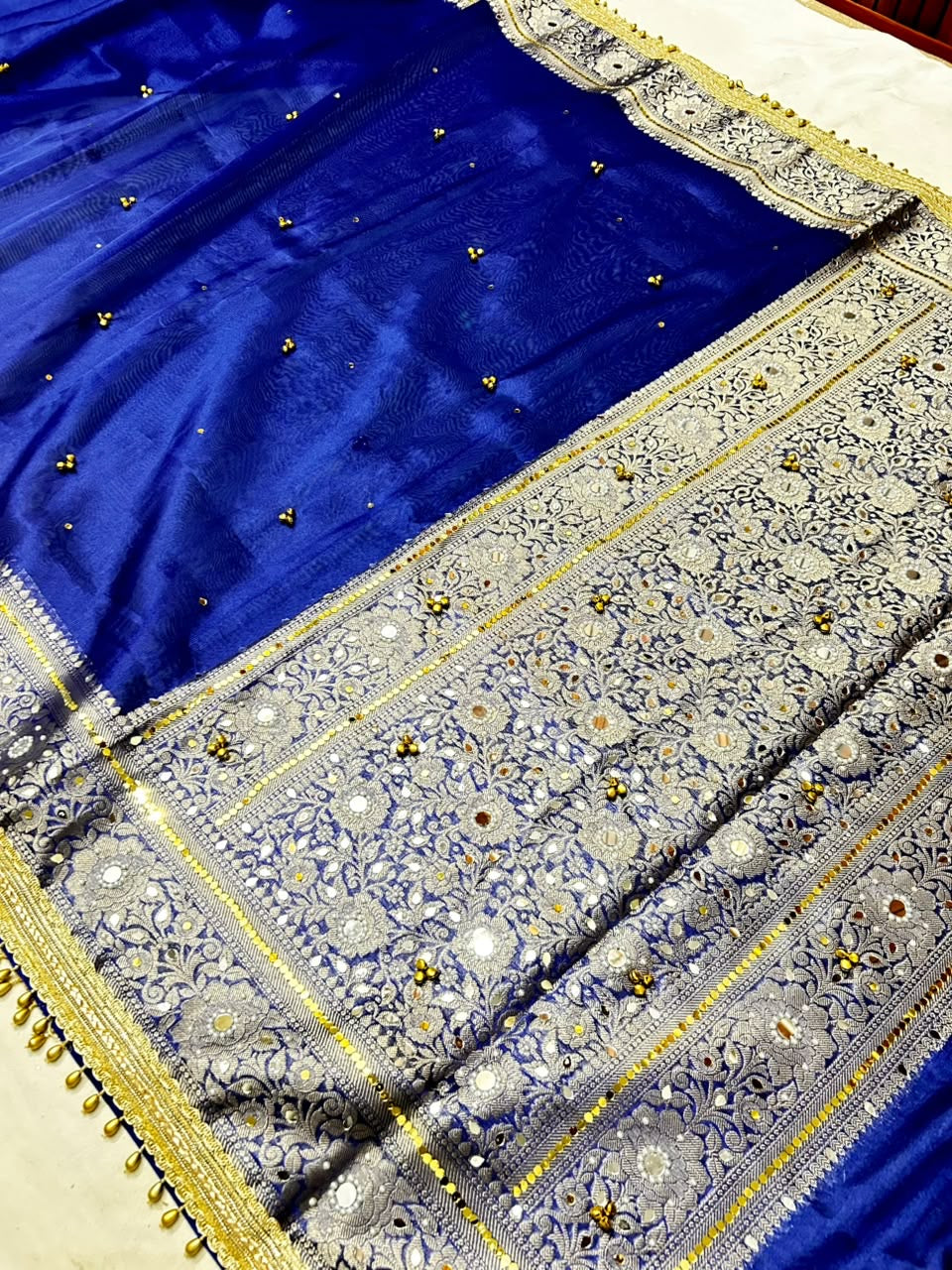 Royal Blue Banarasi Tissue Ghunghru Saree with Mirror & Lace Work