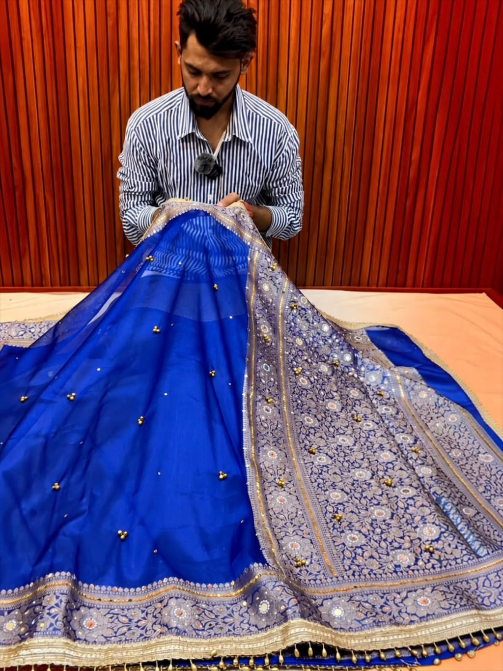 Royal Blue Banarasi Tissue Ghunghru Saree with Mirror & Lace Work