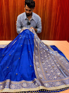 Royal Blue Banarasi Tissue Ghunghru Saree with Mirror & Lace Work