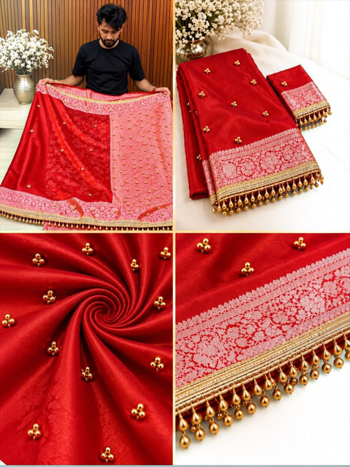 Ghungroo Highlighted Royal Red Banarasi Tissue Saree with Attached Lace Work – Premium Festive Collection