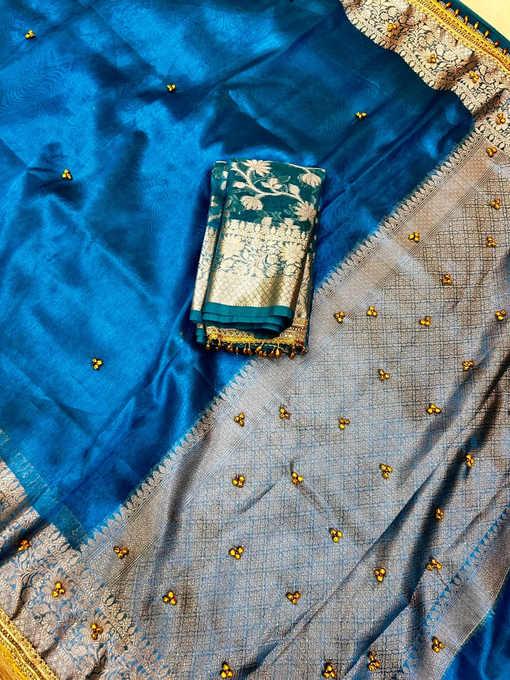 Premium Teal Blue Banarasi Tissue Ghunghru Saree with Attached Lace Work & Golden Zari Border