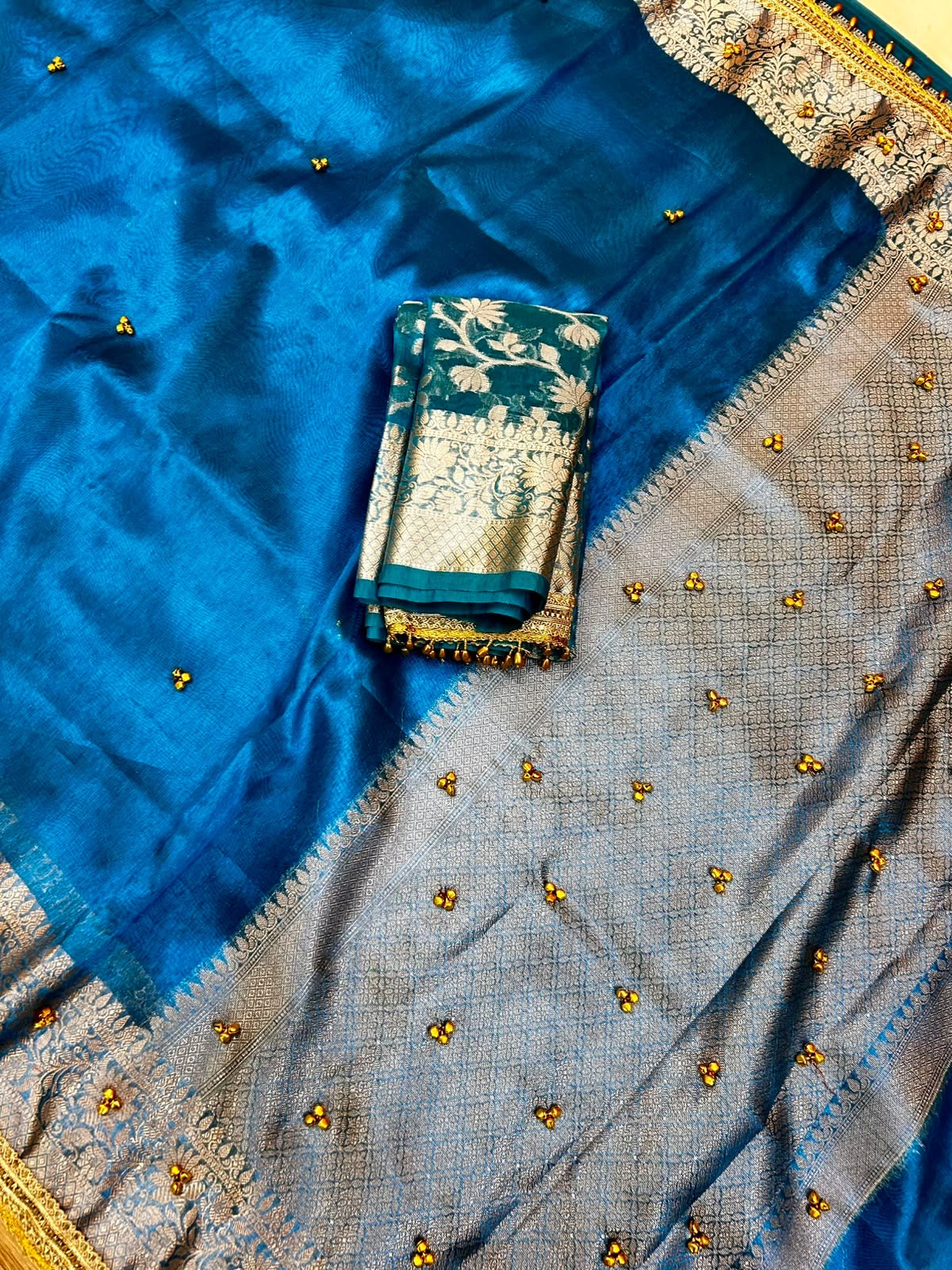 Premium Teal Blue Banarasi Tissue Ghunghru Saree with Attached Lace Work & Golden Zari Border