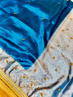Premium Teal Blue Banarasi Tissue Ghunghru Saree with Attached Lace Work & Golden Zari Border