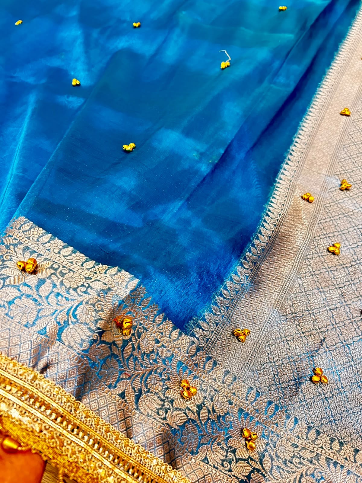 Premium Teal Blue Banarasi Tissue Ghunghru Saree with Attached Lace Work & Golden Zari Border