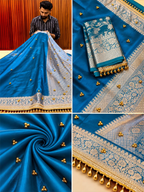 Premium Teal Blue Banarasi Tissue Ghunghru Saree with Attached Lace Work & Golden Zari Border
