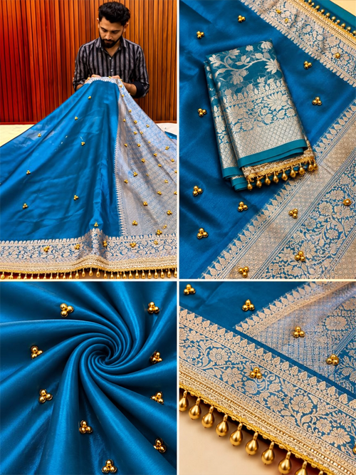 Premium Teal Blue Banarasi Tissue Ghunghru Saree with Attached Lace Work & Golden Zari Border