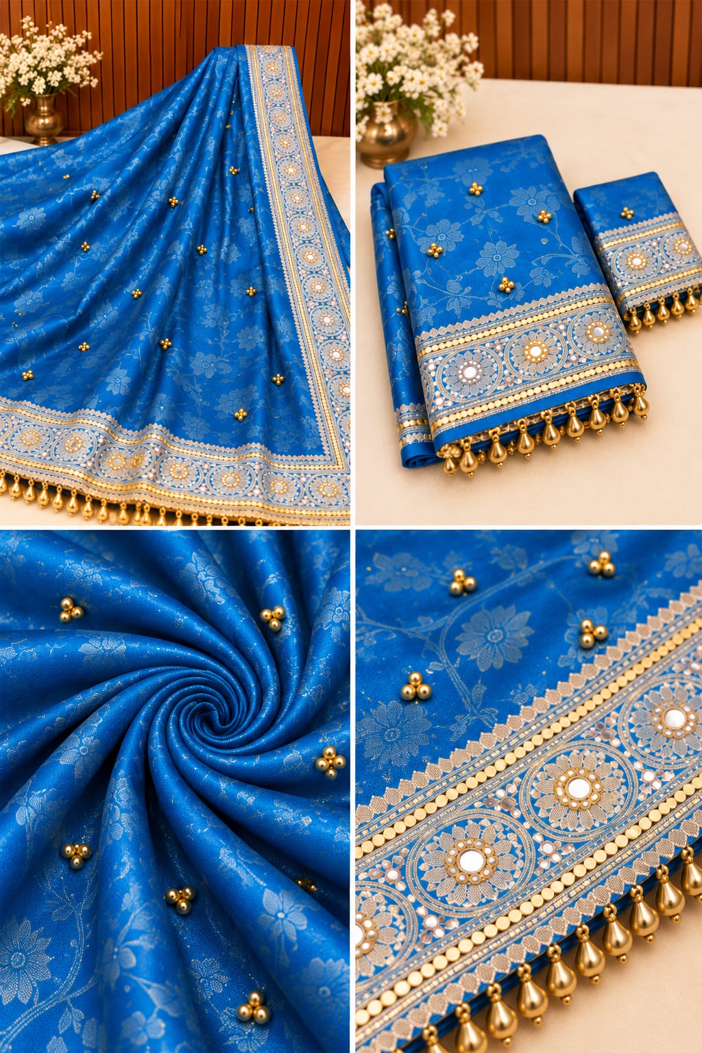 Elegant Firozi Turquoise Blue Banarasi Tissue Ghungroo Saree with Mirror Work & Attached Lace Border