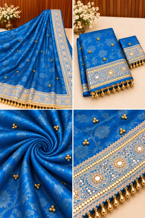 Elegant Firozi Turquoise Blue Banarasi Tissue Ghungroo Saree with Mirror Work & Attached Lace Border
