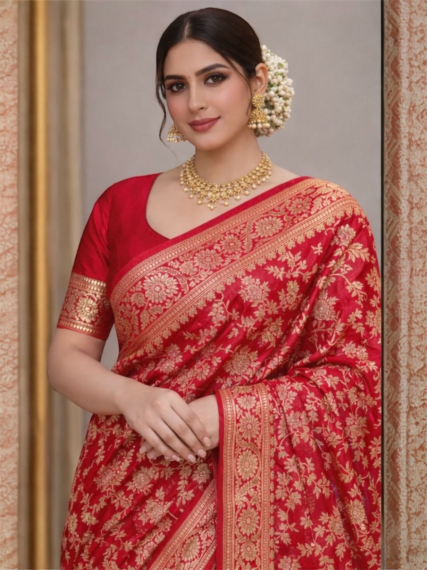 Handwoven Crimson Red Katan Silk Saree with Floral Jaal & Broad Border