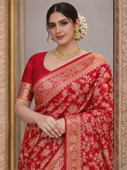 Handwoven Crimson Red Katan Silk Saree with Floral Jaal & Broad Border