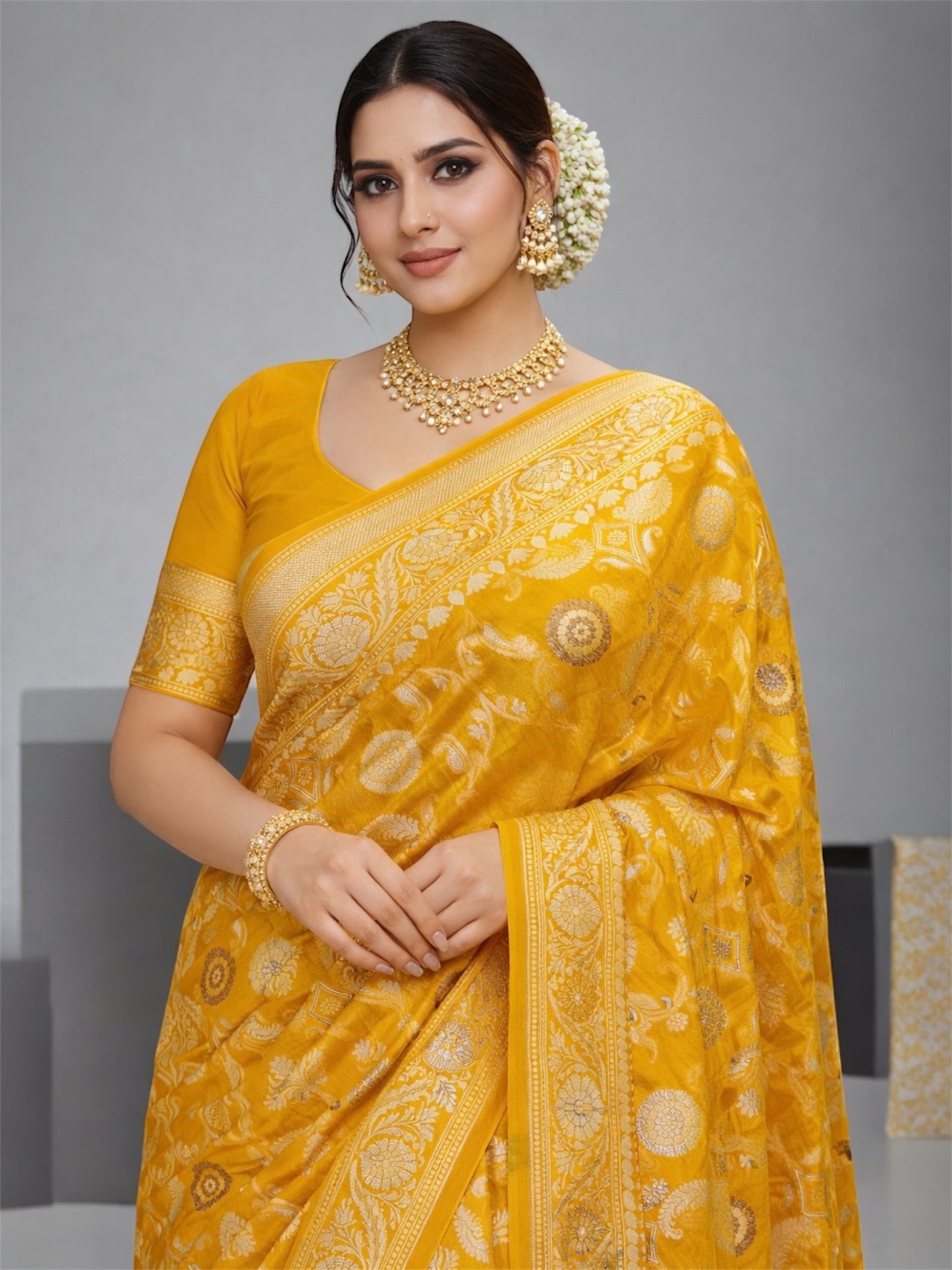 Handwoven Mustard Yellow Katan Silk Saree with Floral Buti Design