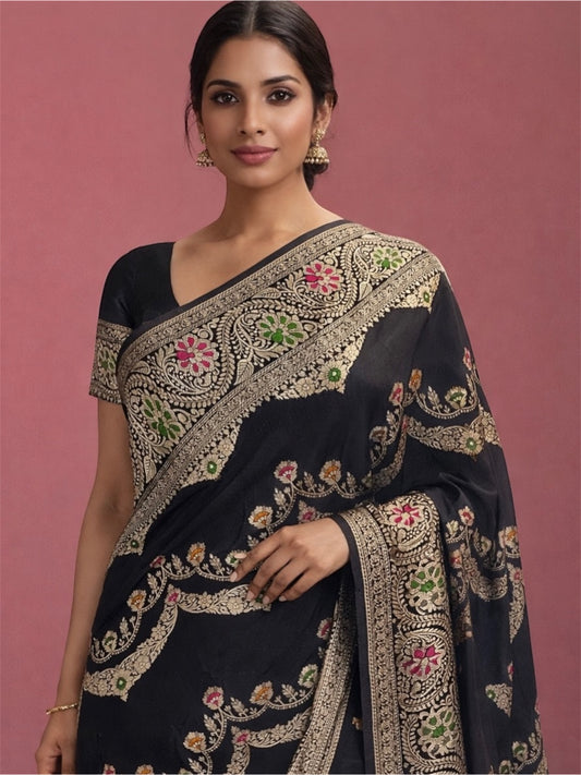 Premium Black Banarasi Katan Silk Saree | Handwoven Gold Zari Floral Pallu | Designer Saree from Banaras