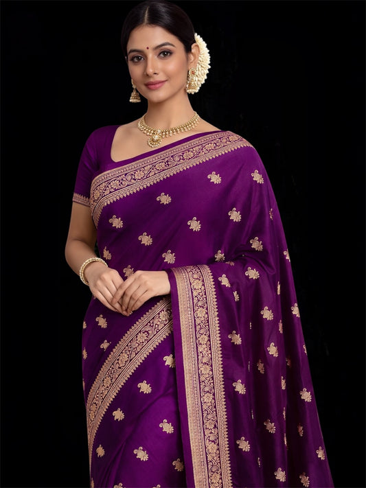 Handwoven Banarasi Katan Silk Saree in Royal Purple with Traditional Buti & Rich Border