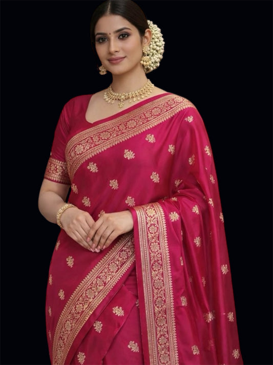 Handwoven Banarasi Katan Silk Saree in Deep Rani Pink with Zari Buti & Rich Border
