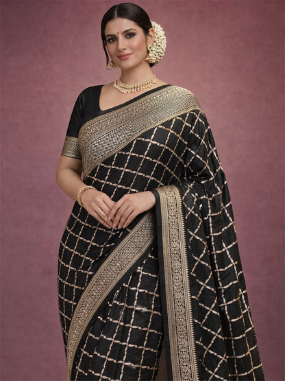 Handwoven Banarasi Katan Silk Saree in Classic Black with Geometric Zari Jaal & Rich Border