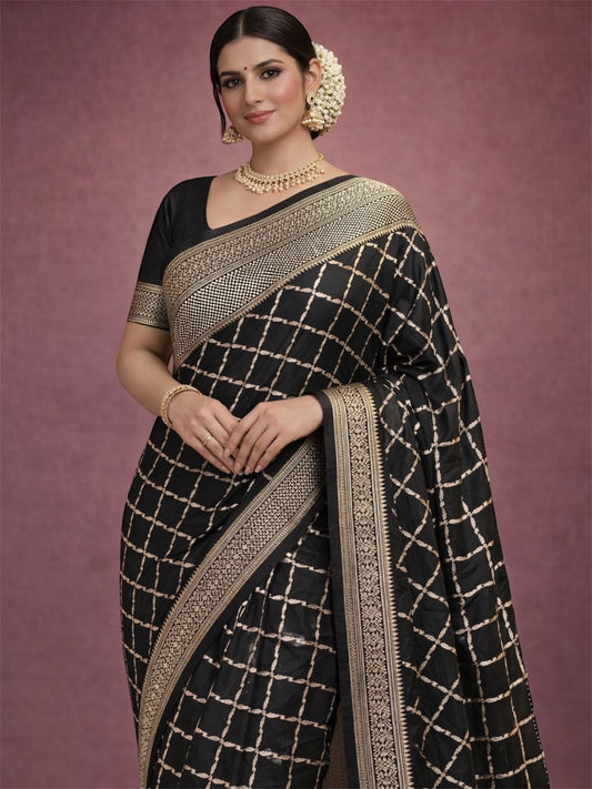 Handwoven Banarasi Katan Silk Saree in Classic Black with Geometric Zari Jaal & Rich Border
