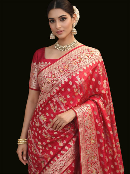 Banarasi Handwoven Katan Silk Blend Saree with Rich Floral Zari Border – Rani Pink