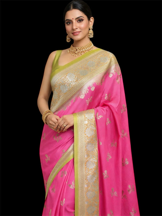 Handwoven Banarasi Katan Silk Saree – Pink with Gold Zari & Olive Border