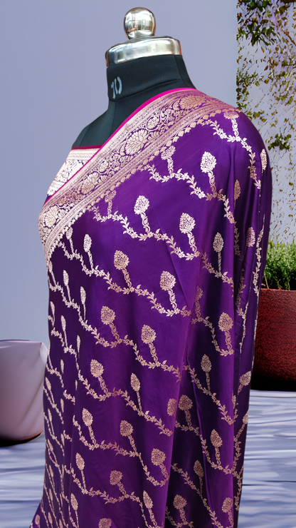 Royal Purple Banarasi Mashru Katan Silk Saree with Gold Zari Diagonal Buti & Floral Border
