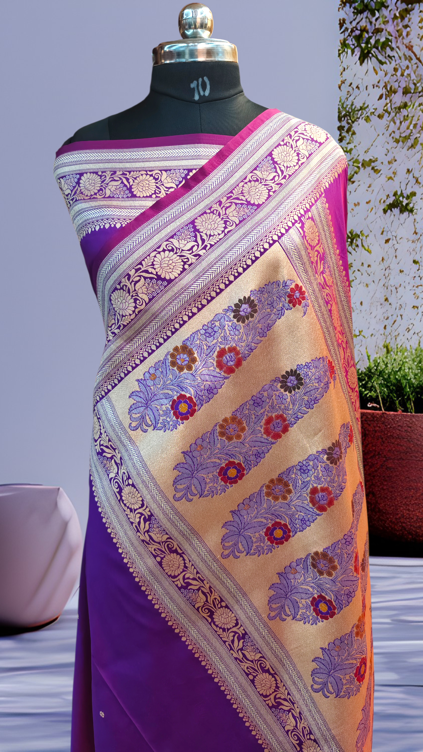 Royal Purple Banarasi Mashru Katan Silk Saree with Gold Zari Buti & Floral Border