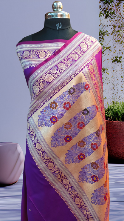 Royal Purple Banarasi Mashru Katan Silk Saree with Gold Zari Buti & Floral Border
