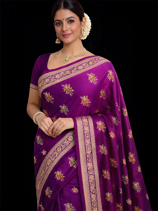 Royal Purple Banarasi Mashru Katan Silk Saree with Gold Zari Buti & Floral Border