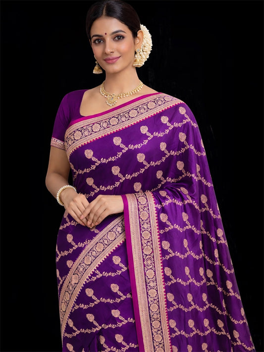 Royal Purple Banarasi Mashru Katan Silk Saree with Gold Zari Diagonal Buti & Floral Border