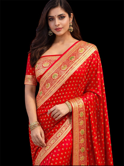 Handwoven Banarasi Katan Silk Saree in Rich Red | Zari Border
