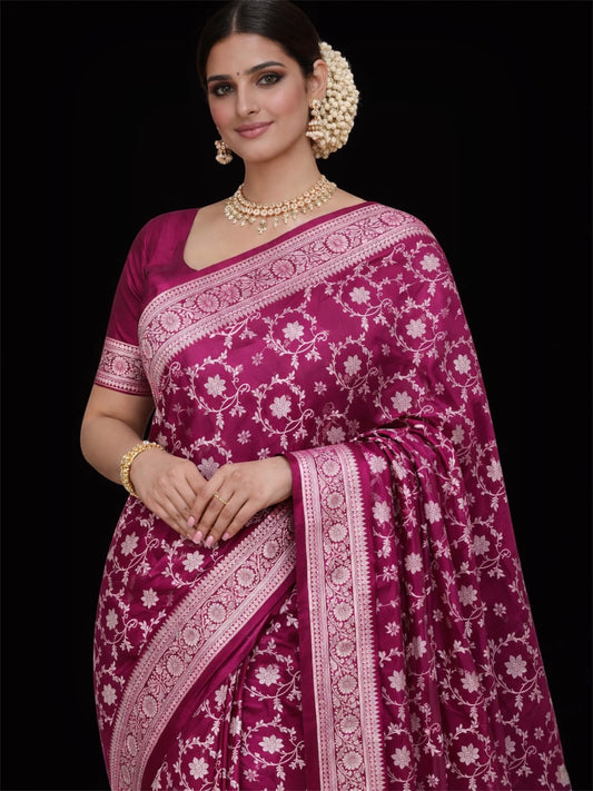 Handwoven Banarasi Silk Saree | Rich Floral Jaal | Elegant Magenta Drape
