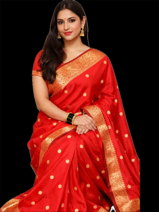 Elegant Red Banarasi Katan Semi-Silk Saree | Rich Festive Wear | Free Shipping