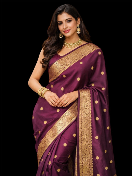 Royal Wine Banarasi Silk Saree with Antique Gold Zari Border