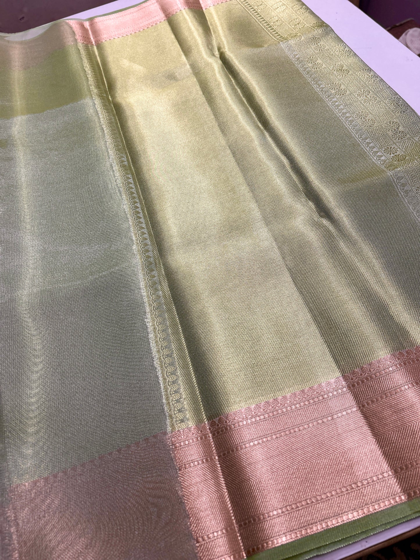 Elegant Pista Green Tanchui Design Tissue Saree