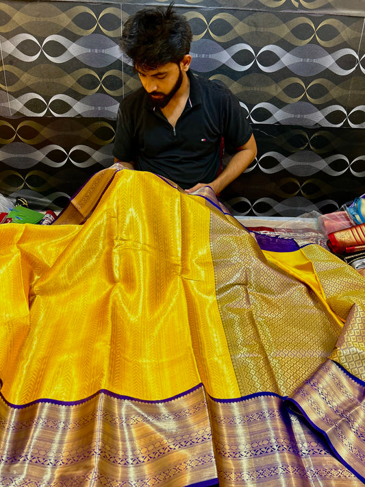 Yellow Soft Silk Saree with Purple Zari Border