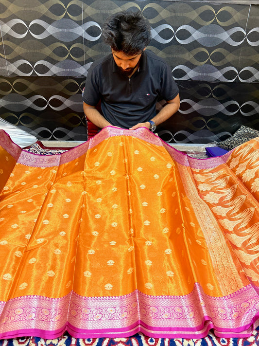 Burnt Orange Banarasi Tissue Saree with Magenta Contrast Border