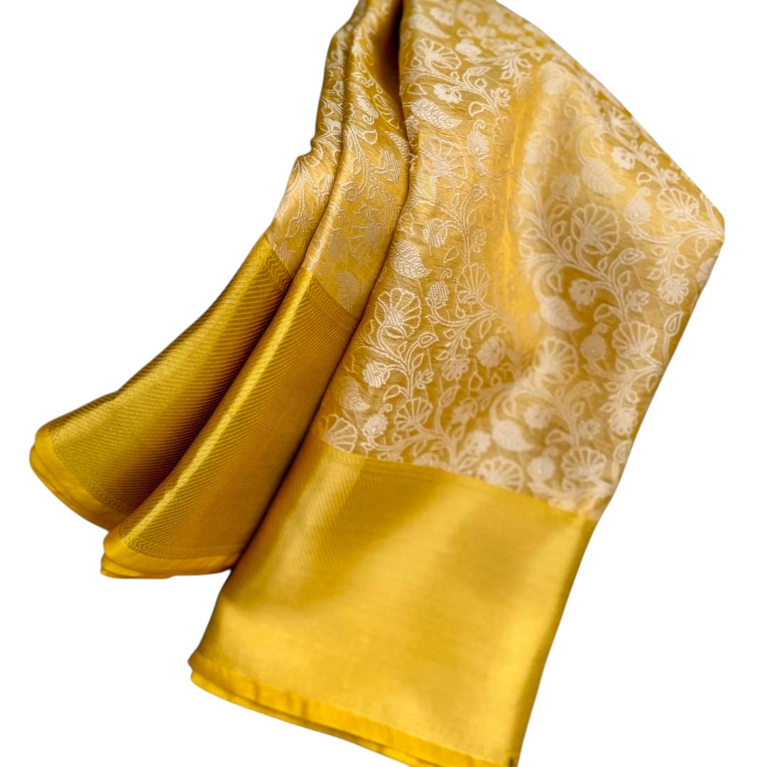 A Stunning Golden Colour Banarasi Tissue Saree