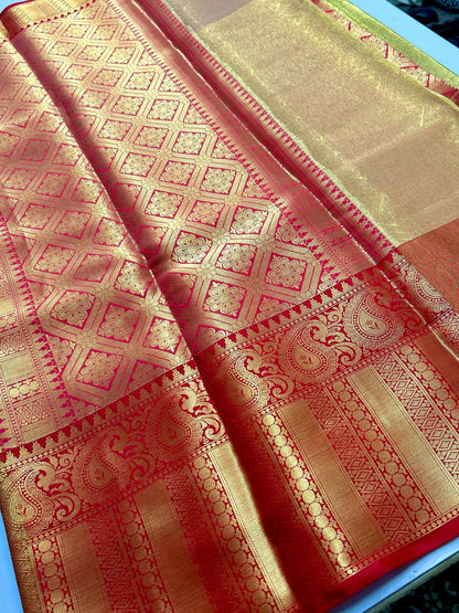 Graceful Kanjivaram Tissue Semi-Silk Saree in Rani Pink with Gold, Brocade Pallu & Blouse"