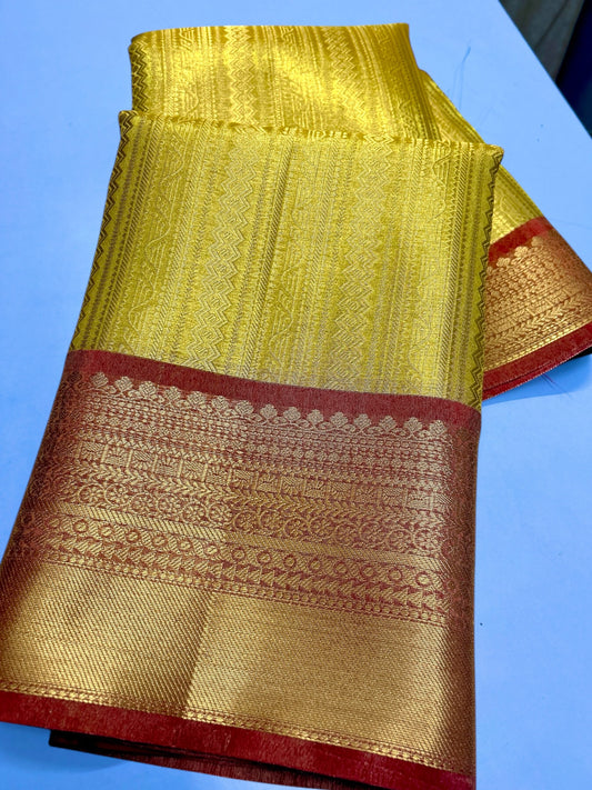 Exquisite Banarasi Tissue Semi-Silk Saree in Rani with Gold