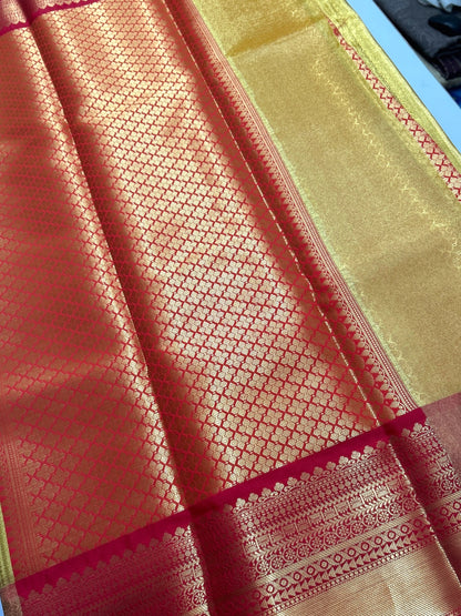 Exquisite Banarasi Tissue Semi-Silk Saree in Rani with Gold