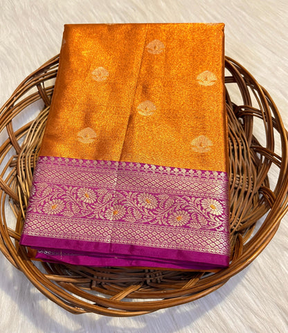 Burnt Orange Banarasi Tissue Saree with Magenta Contrast Border